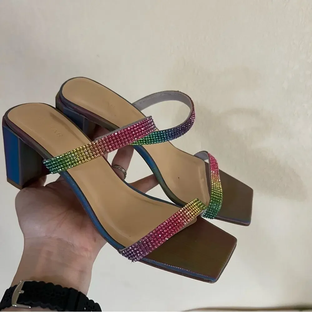 By Far Tanya multicolor rainbow iridescent crystal heeled mule sandal 37/7